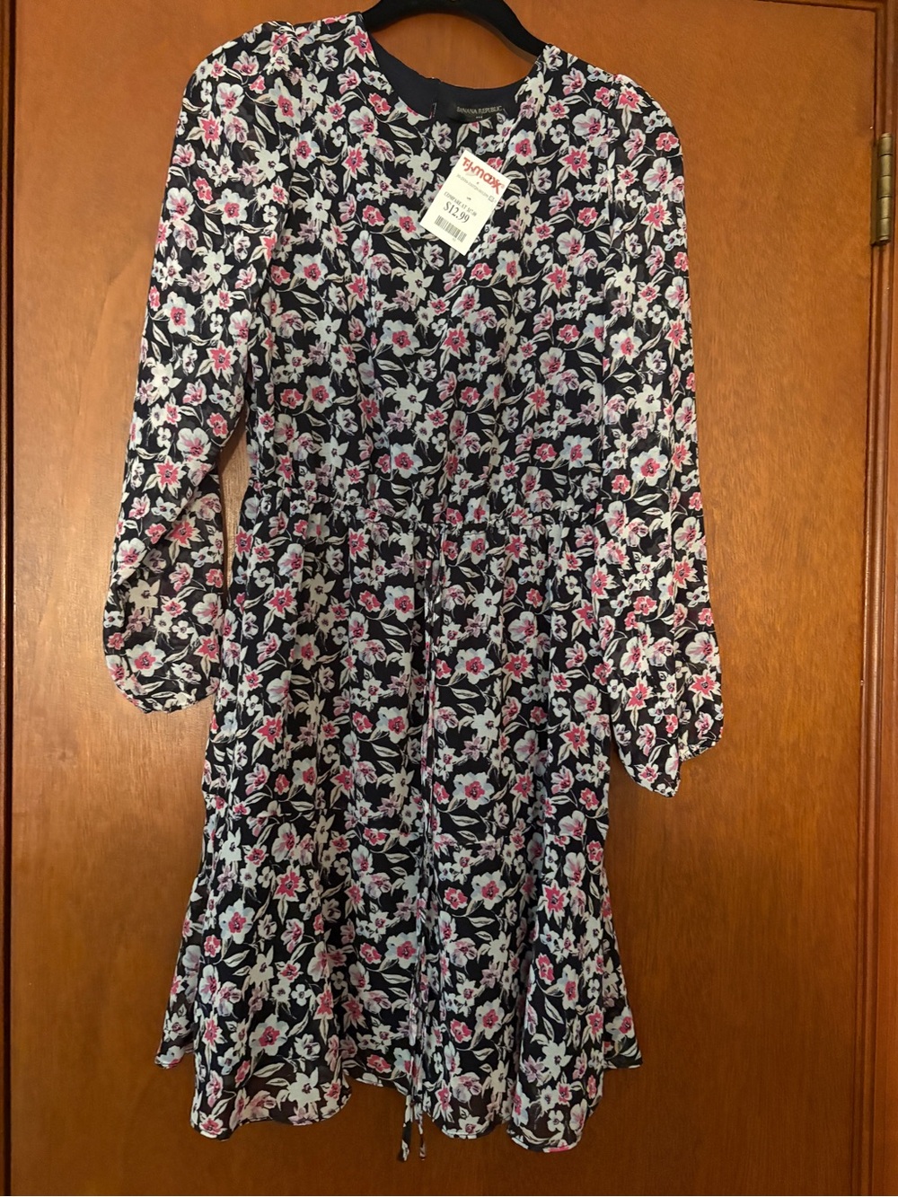 Banana Republic Black Floral Long-Sleeve Kids Dress with Pink & White Flowers